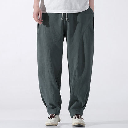 Buddha Stones Summer Casual Minimalist Drawstring Solid Cotton Cropped Pants Men's Harem Pants With Pocket