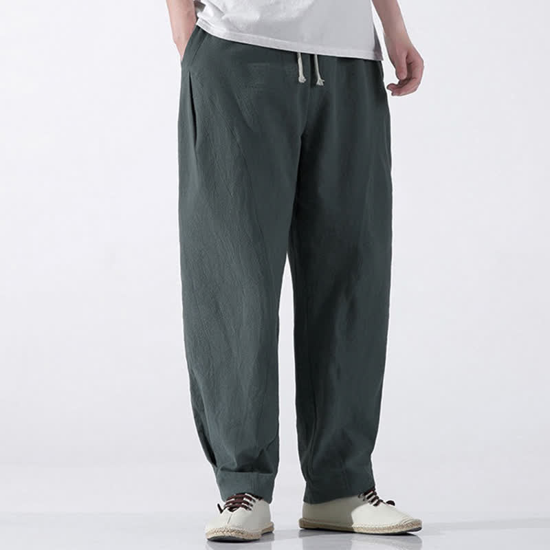 Buddha Stones Summer Casual Minimalist Drawstring Solid Cotton Cropped Pants Men's Harem Pants With Pocket