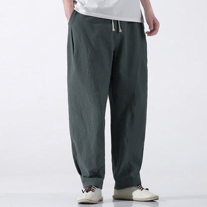 Buddha Stones Summer Casual Minimalist Drawstring Solid Cotton Cropped Pants Men's Harem Pants With Pocket