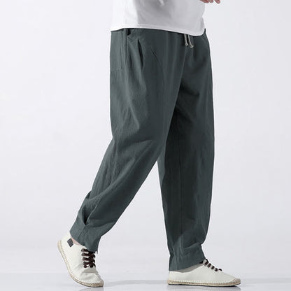 Buddha Stones Summer Casual Minimalist Drawstring Solid Cotton Cropped Pants Men's Harem Pants With Pocket
