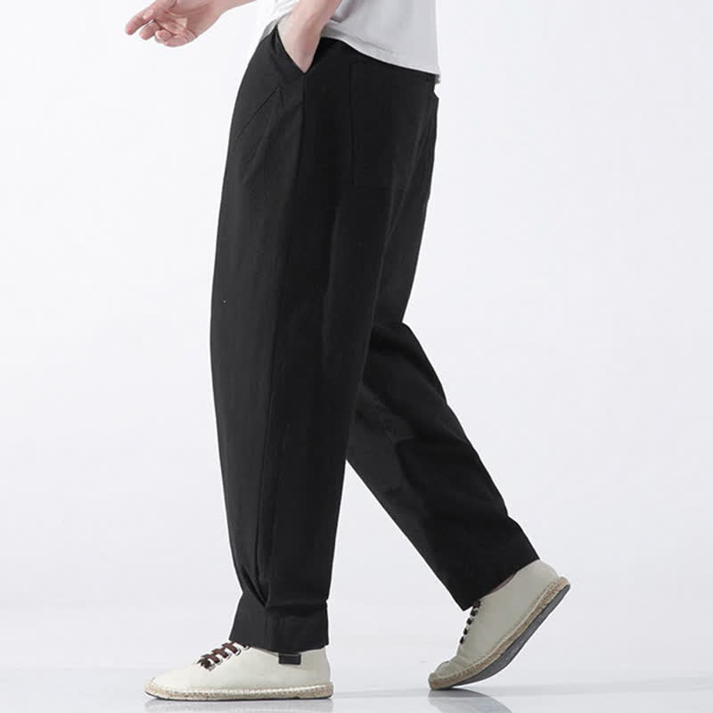 Buddha Stones Summer Casual Minimalist Drawstring Solid Cotton Cropped Pants Men's Harem Pants With Pocket
