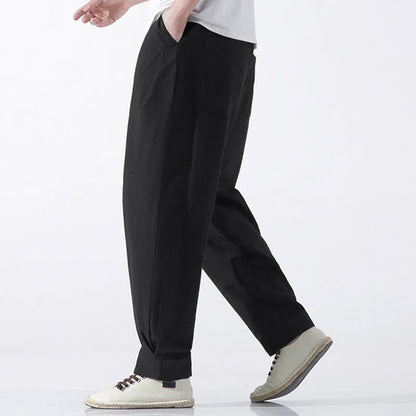 Buddha Stones Summer Casual Minimalist Drawstring Solid Cotton Cropped Pants Men's Harem Pants With Pocket