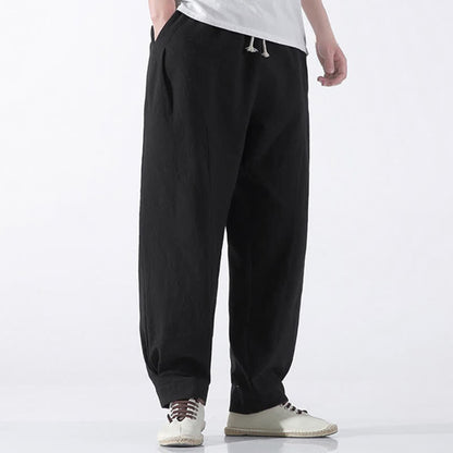 Buddha Stones Summer Casual Minimalist Drawstring Solid Cotton Cropped Pants Men's Harem Pants With Pocket