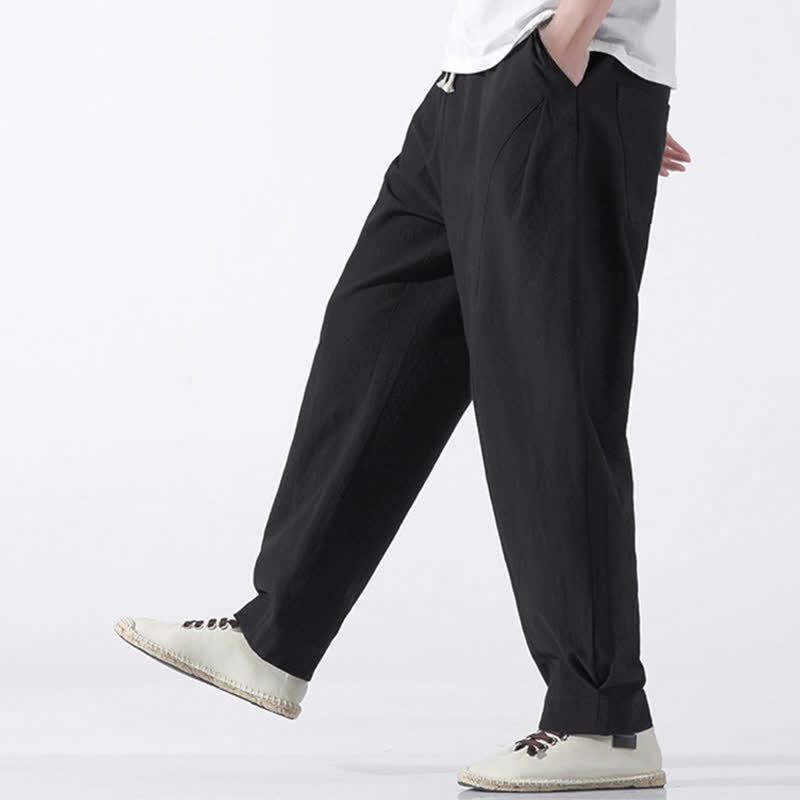 Buddha Stones Summer Casual Minimalist Drawstring Solid Cotton Cropped Pants Men's Harem Pants With Pocket