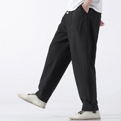 Buddha Stones Summer Casual Minimalist Drawstring Solid Cotton Cropped Pants Men's Harem Pants With Pocket