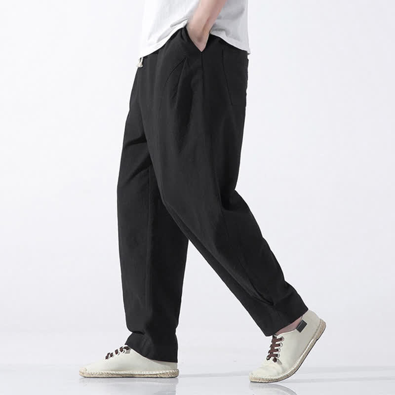 Buddha Stones Summer Casual Minimalist Drawstring Solid Cotton Cropped Pants Men's Harem Pants With Pocket