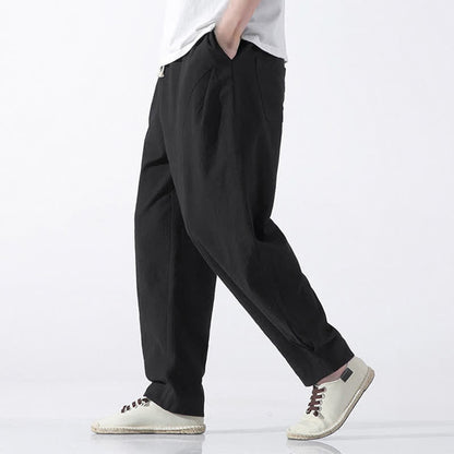 Buddha Stones Summer Casual Minimalist Drawstring Solid Cotton Cropped Pants Men's Harem Pants With Pocket
