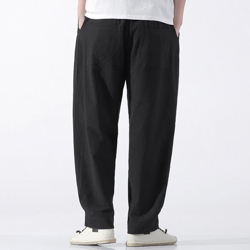 Buddha Stones Summer Casual Minimalist Drawstring Solid Cotton Cropped Pants Men's Harem Pants With Pocket