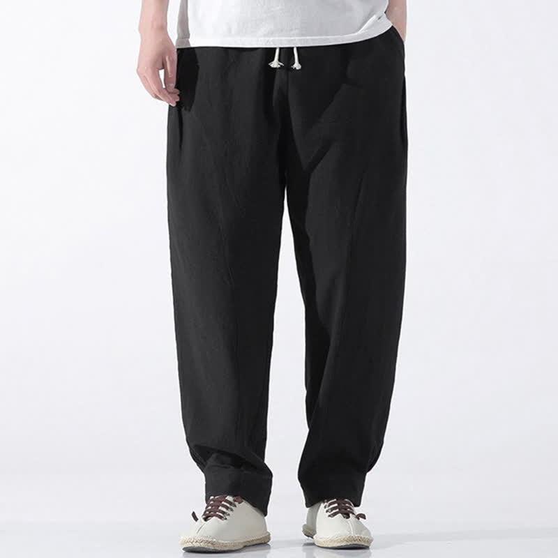 Buddha Stones Summer Casual Minimalist Drawstring Solid Cotton Cropped Pants Men's Harem Pants With Pocket