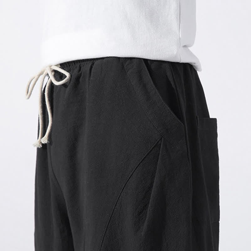 Buddha Stones Summer Casual Minimalist Drawstring Solid Cotton Cropped Pants Men's Harem Pants With Pocket