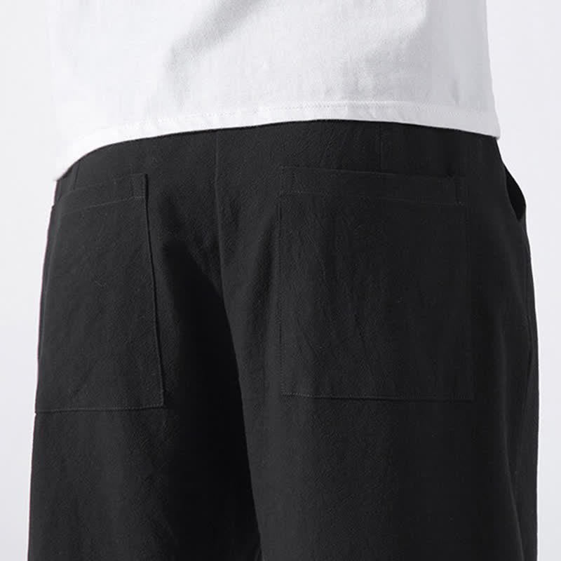 Buddha Stones Summer Casual Minimalist Drawstring Solid Cotton Cropped Pants Men's Harem Pants With Pocket