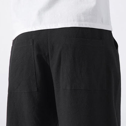 Buddha Stones Summer Casual Minimalist Drawstring Solid Cotton Cropped Pants Men's Harem Pants With Pocket