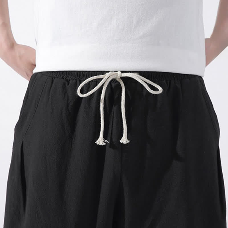 Buddha Stones Summer Casual Minimalist Drawstring Solid Cotton Cropped Pants Men's Harem Pants With Pocket