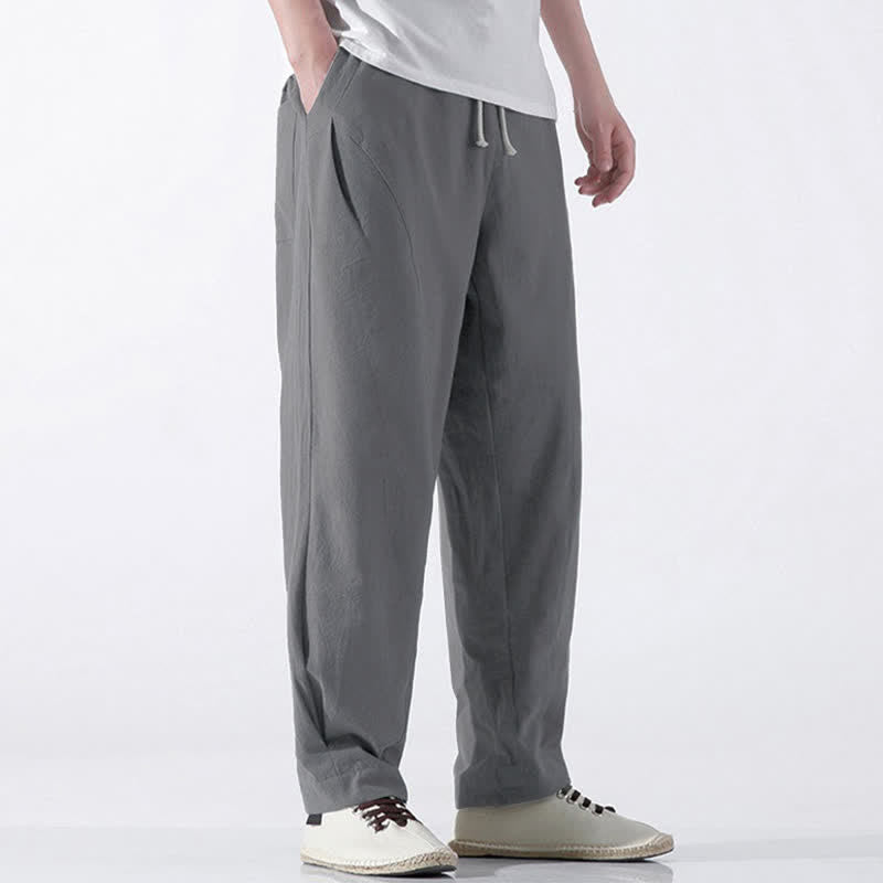 Buddha Stones Summer Casual Minimalist Drawstring Solid Cotton Cropped Pants Men's Harem Pants With Pocket