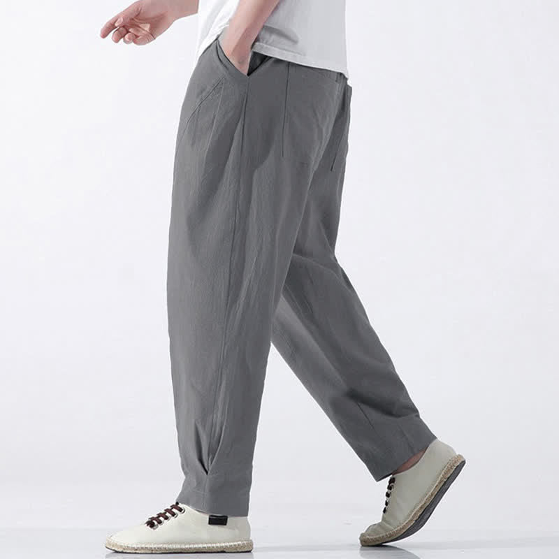 Buddha Stones Summer Casual Minimalist Drawstring Solid Cotton Cropped Pants Men's Harem Pants With Pocket