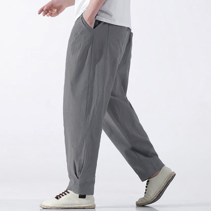 Buddha Stones Summer Casual Minimalist Drawstring Solid Cotton Cropped Pants Men's Harem Pants With Pocket