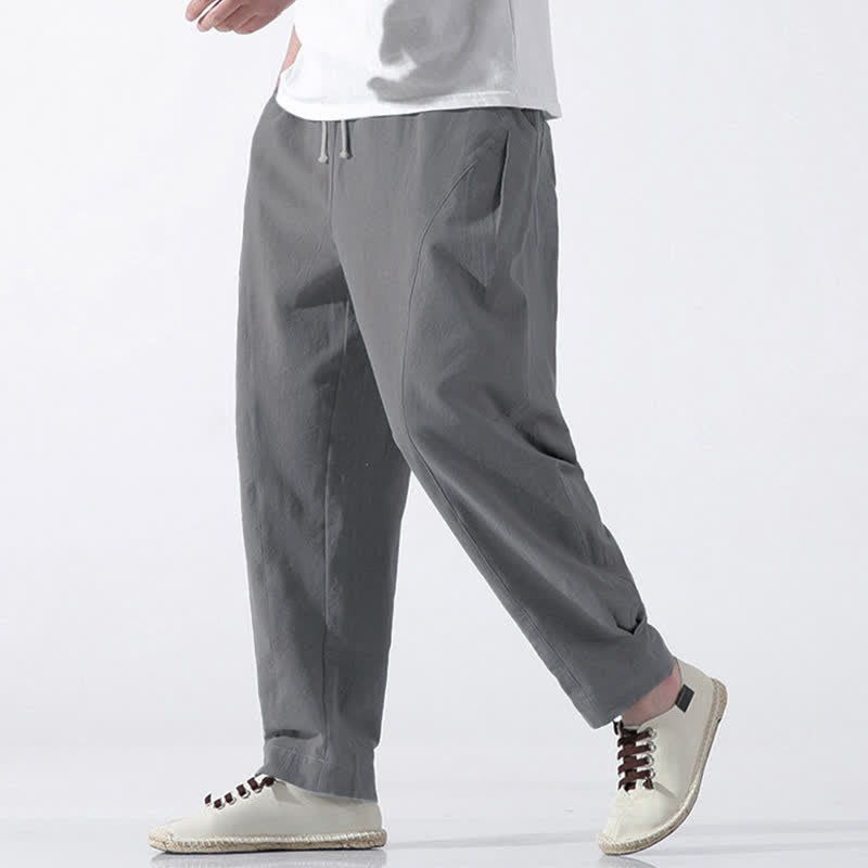 Buddha Stones Summer Casual Minimalist Drawstring Solid Cotton Cropped Pants Men's Harem Pants With Pocket