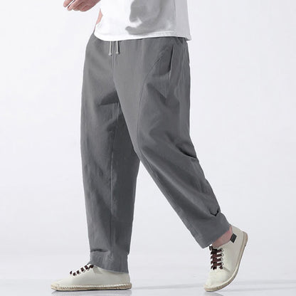 Buddha Stones Summer Casual Minimalist Drawstring Solid Cotton Cropped Pants Men's Harem Pants With Pocket
