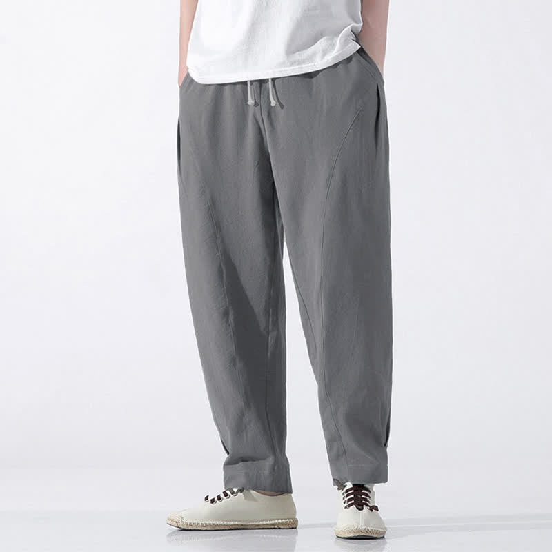 Buddha Stones Summer Casual Minimalist Drawstring Solid Cotton Cropped Pants Men's Harem Pants With Pocket