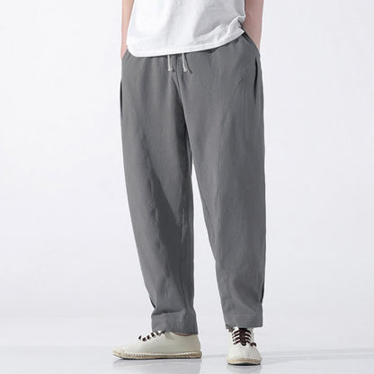 Buddha Stones Summer Casual Minimalist Drawstring Solid Cotton Cropped Pants Men's Harem Pants With Pocket