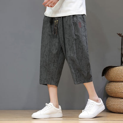 Buddha Stones Summer Casual Vintage Drawstring Abstract Men's Cropped Pants With Pockets