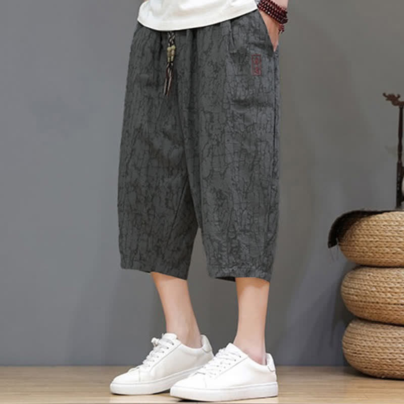 Buddha Stones Summer Casual Vintage Drawstring Abstract Men's Cropped Pants With Pockets