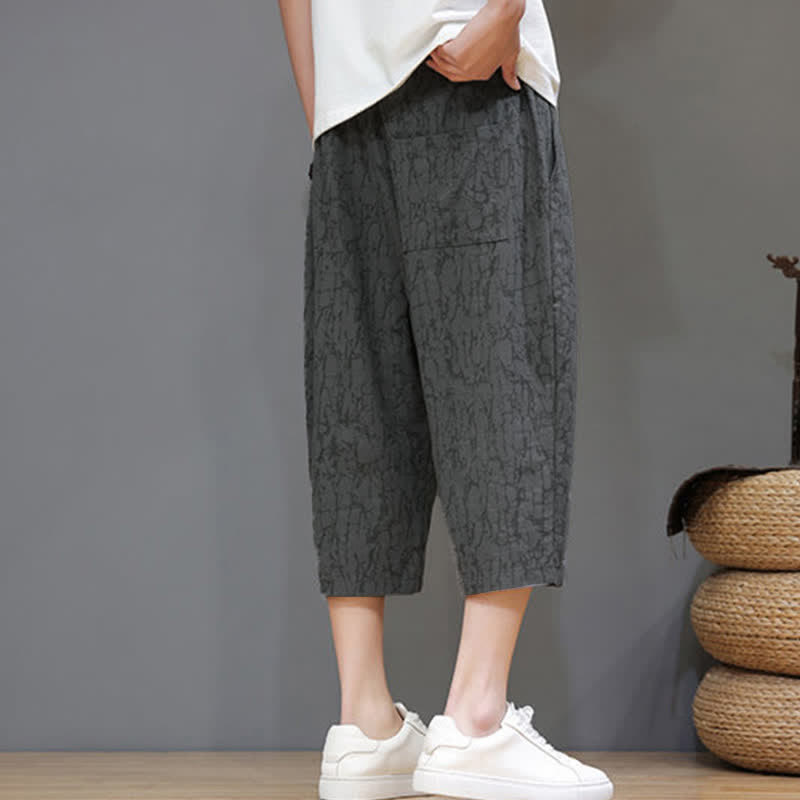 Buddha Stones Summer Casual Vintage Drawstring Abstract Men's Cropped Pants With Pockets