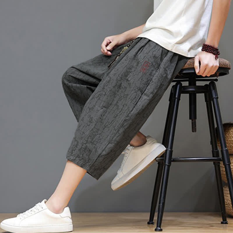 Buddha Stones Summer Casual Vintage Drawstring Abstract Men's Cropped Pants With Pockets
