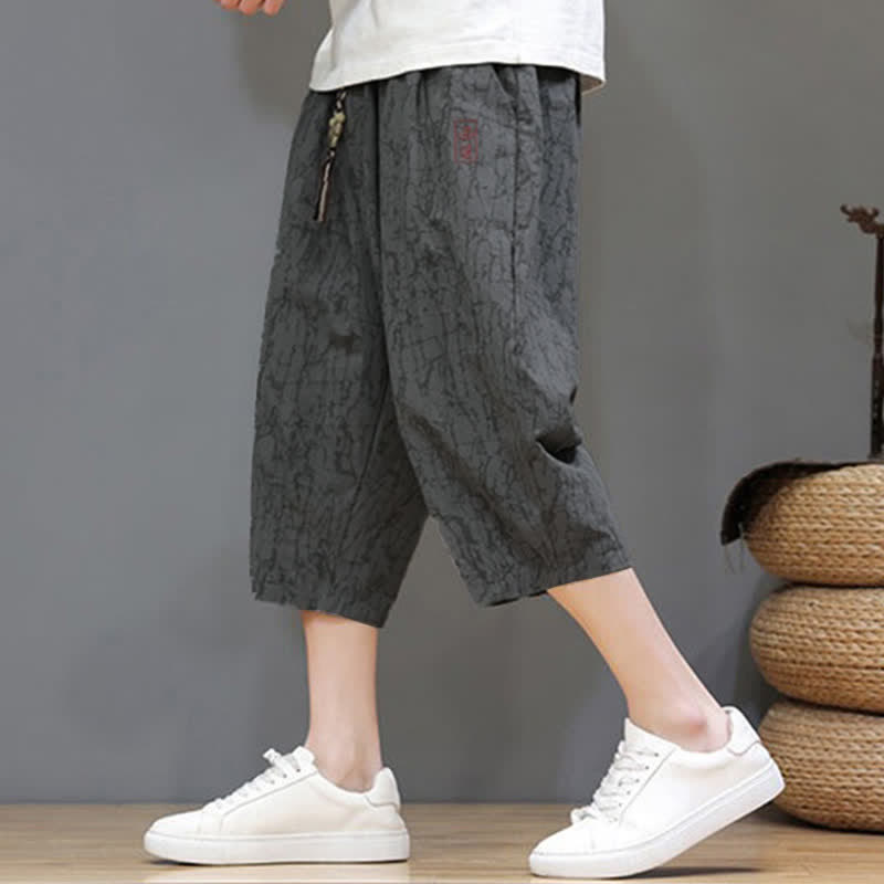 Buddha Stones Summer Casual Vintage Drawstring Abstract Men's Cropped Pants With Pockets