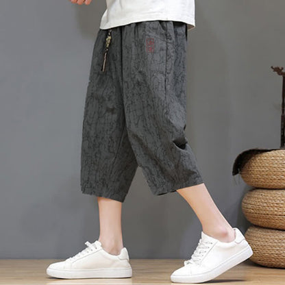 Buddha Stones Summer Casual Vintage Drawstring Abstract Men's Cropped Pants With Pockets