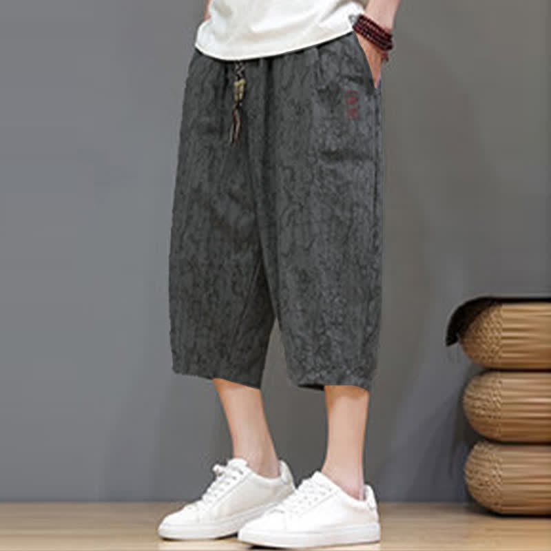 Buddha Stones Summer Casual Vintage Drawstring Abstract Men's Cropped Pants With Pockets