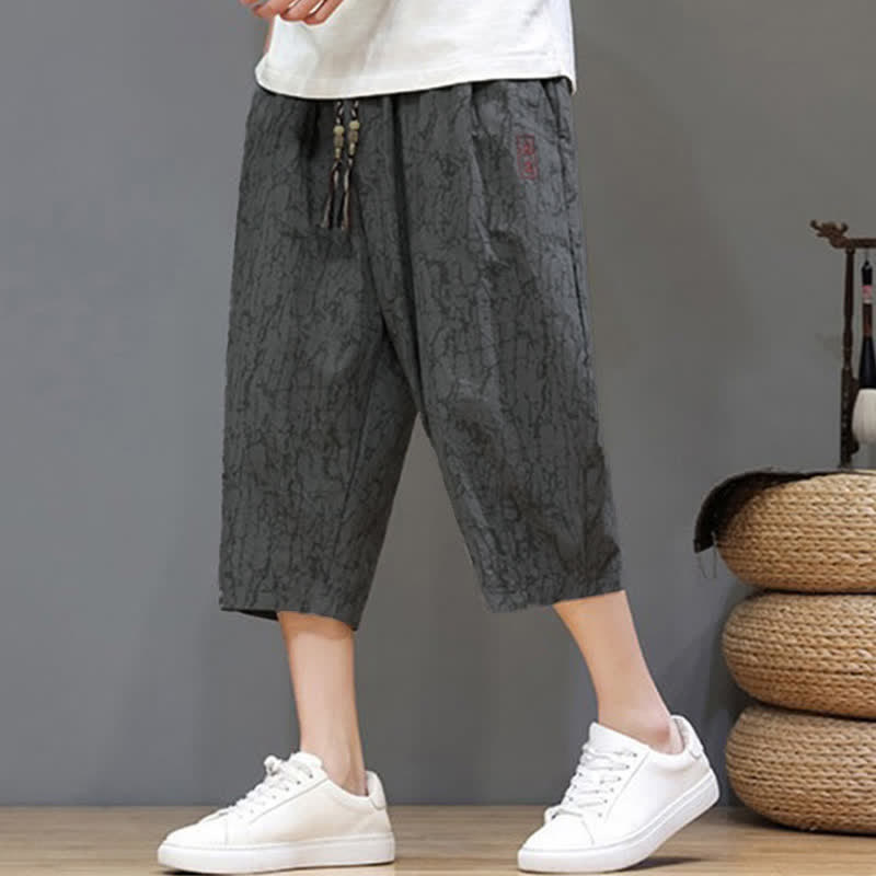 Buddha Stones Summer Casual Vintage Drawstring Abstract Men's Cropped Pants With Pockets