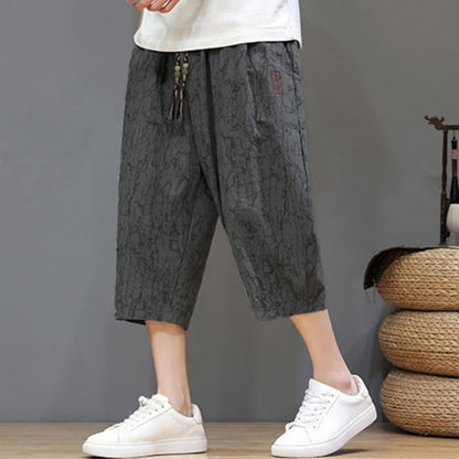 Buddha Stones Summer Casual Vintage Drawstring Abstract Men's Cropped Pants With Pockets