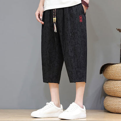 Buddha Stones Summer Casual Vintage Drawstring Abstract Men's Cropped Pants With Pockets