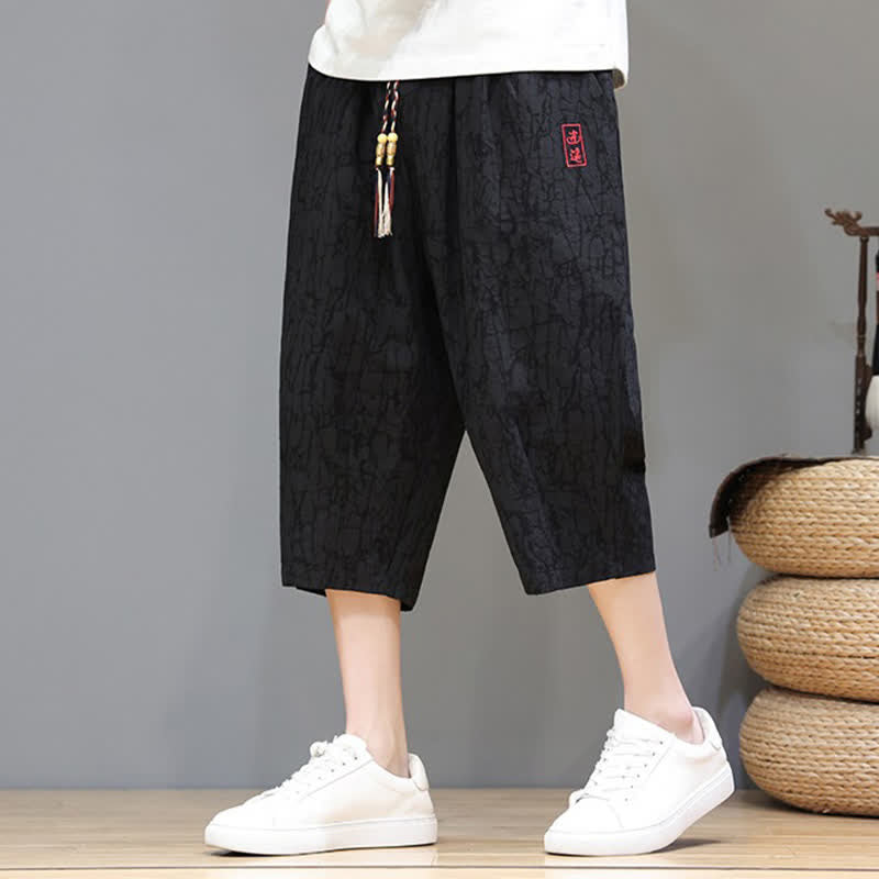 Buddha Stones Summer Casual Vintage Drawstring Abstract Men's Cropped Pants With Pockets