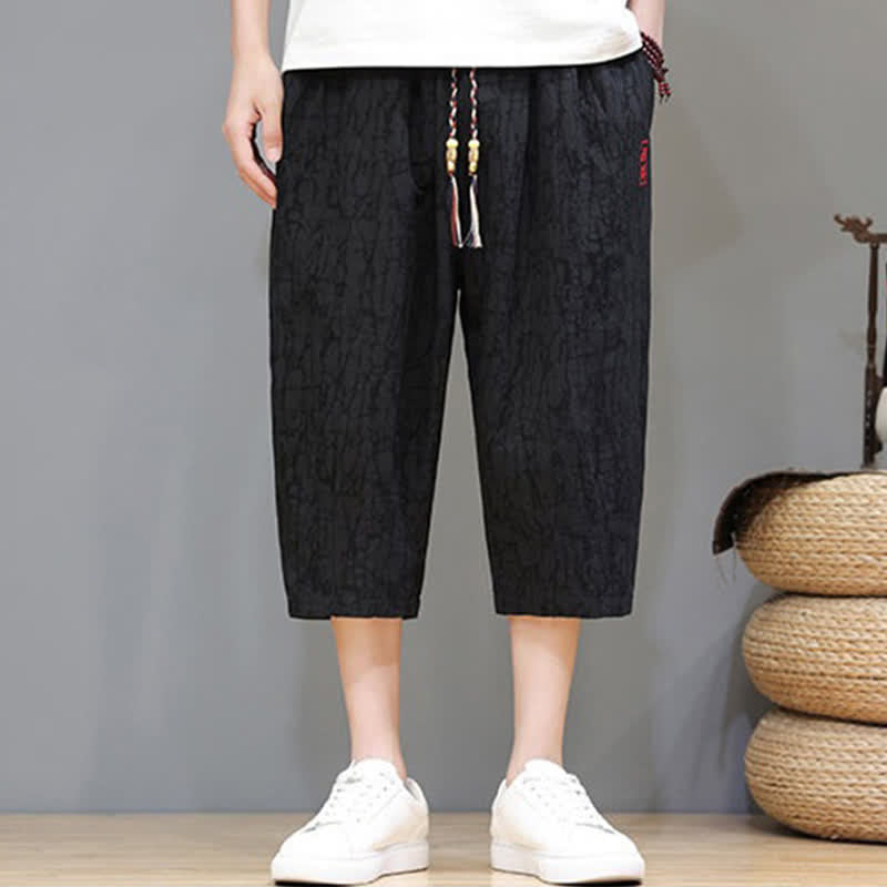 Buddha Stones Summer Casual Vintage Drawstring Abstract Men's Cropped Pants With Pockets