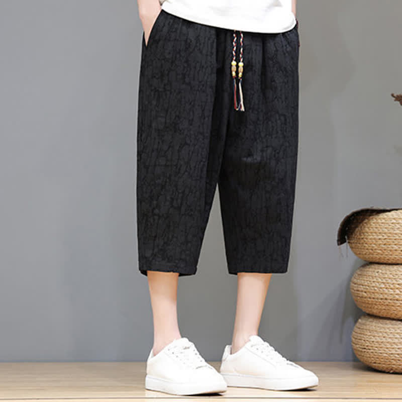 Buddha Stones Summer Casual Vintage Drawstring Abstract Men's Cropped Pants With Pockets