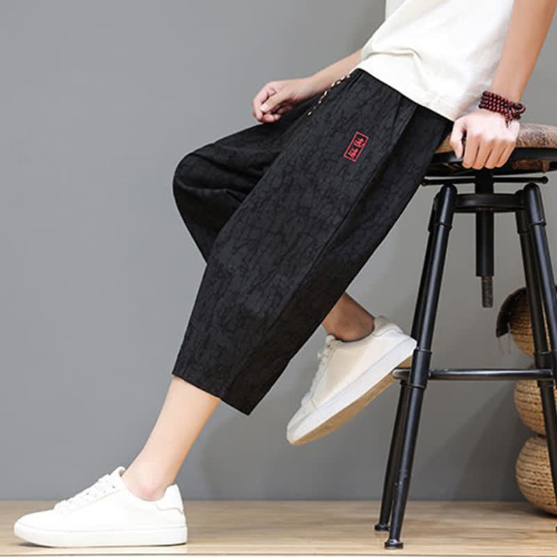 Buddha Stones Summer Casual Vintage Drawstring Abstract Men's Cropped Pants With Pockets