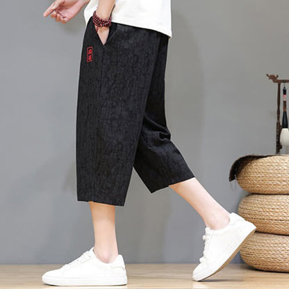 Buddha Stones Summer Casual Vintage Drawstring Abstract Men's Cropped Pants With Pockets