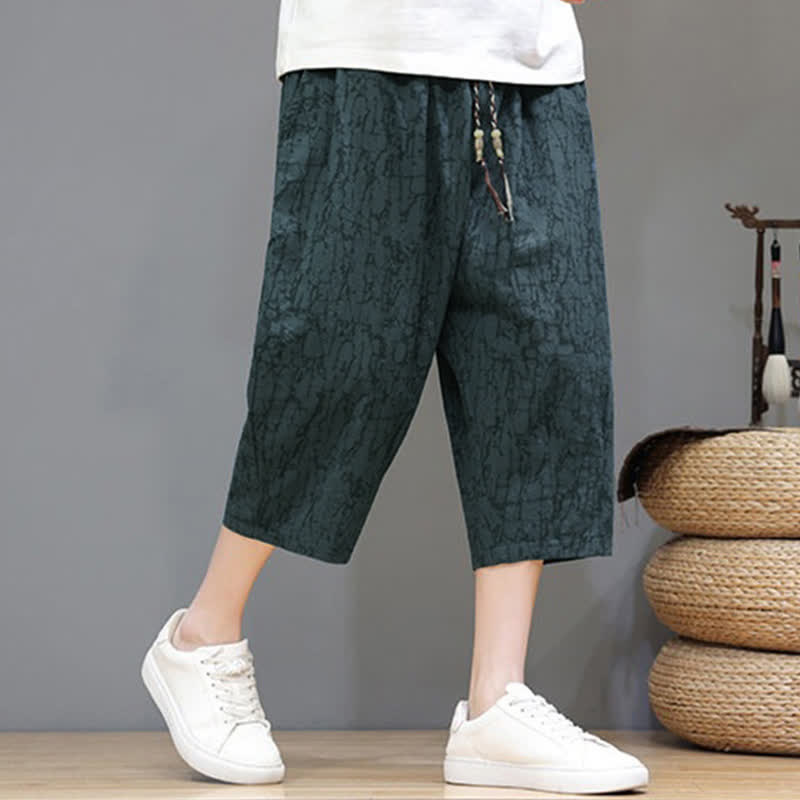 Buddha Stones Summer Casual Vintage Drawstring Abstract Men's Cropped Pants With Pockets