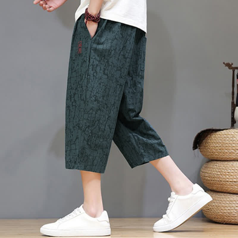 Buddha Stones Summer Casual Vintage Drawstring Abstract Men's Cropped Pants With Pockets