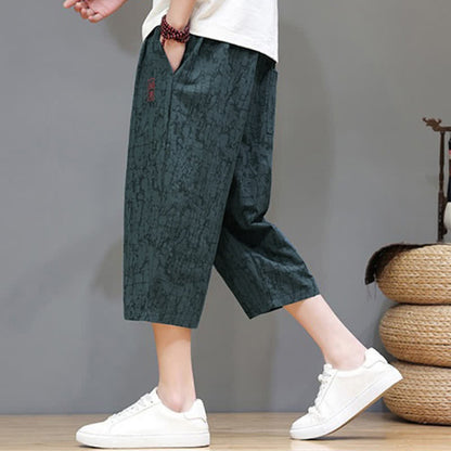 Buddha Stones Summer Casual Vintage Drawstring Abstract Men's Cropped Pants With Pockets