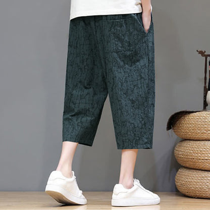 Buddha Stones Summer Casual Vintage Drawstring Abstract Men's Cropped Pants With Pockets