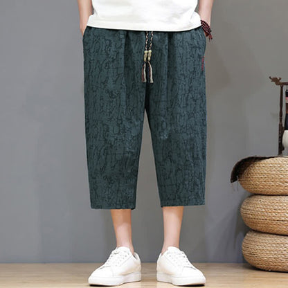 Buddha Stones Summer Casual Vintage Drawstring Abstract Men's Cropped Pants With Pockets