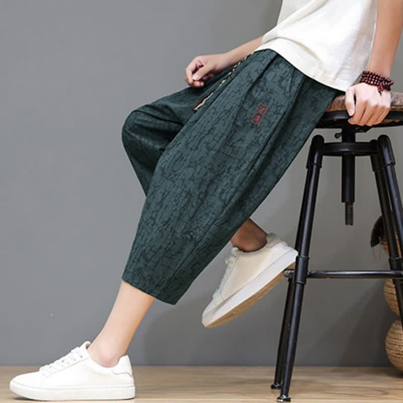 Buddha Stones Summer Casual Vintage Drawstring Abstract Men's Cropped Pants With Pockets