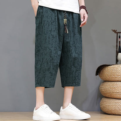 Buddha Stones Summer Casual Vintage Drawstring Abstract Men's Cropped Pants With Pockets