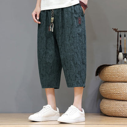 Buddha Stones Summer Casual Vintage Drawstring Abstract Men's Cropped Pants With Pockets