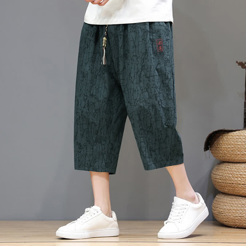 Buddha Stones Summer Casual Vintage Drawstring Abstract Men's Cropped Pants With Pockets