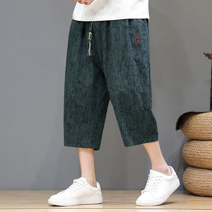 Buddha Stones Summer Casual Vintage Drawstring Abstract Men's Cropped Pants With Pockets