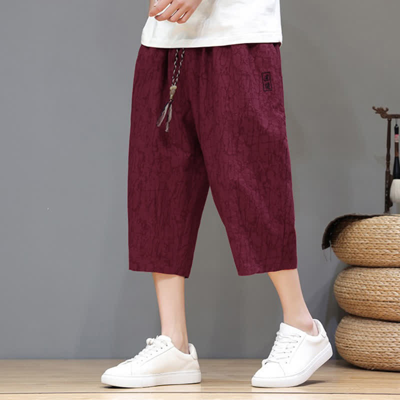 Buddha Stones Summer Casual Vintage Drawstring Abstract Men's Cropped Pants With Pockets